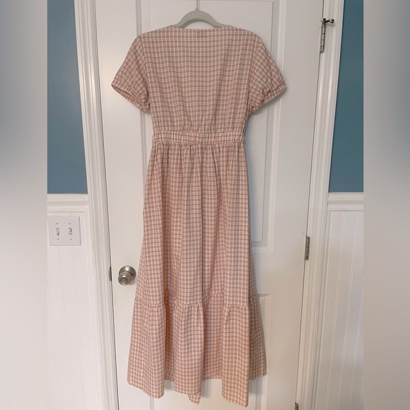 Unique Vintage Blush Plaid Maxi Dress,size L,tie front & e-waist & sleeves - Picture 2 of 10
